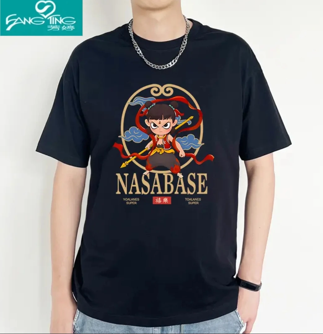 圆领短袖t恤双丝双烧落肩夏季重磅高级感宽松印花情侣款休闲短袖