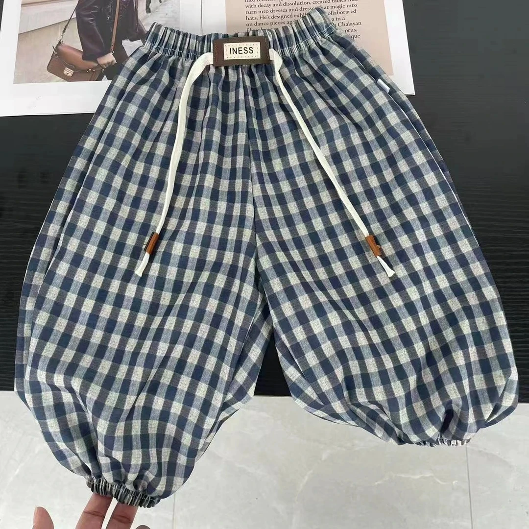 夏季新款格子冰丝麻防蚊裤儿童宽松洋气透气薄款男女宝束脚灯笼裤