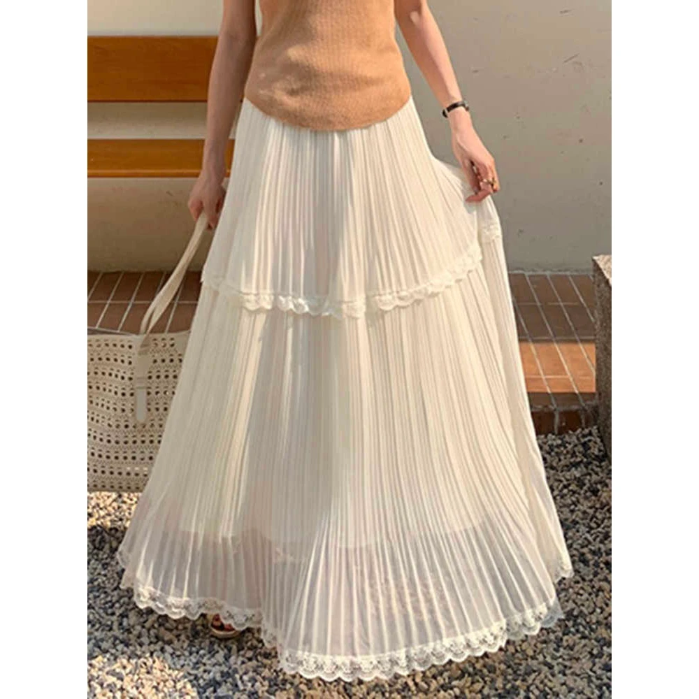 夏季白月光雪纺压褶拼接蕾丝花边垂感百搭中长款大摆半身裙夏款