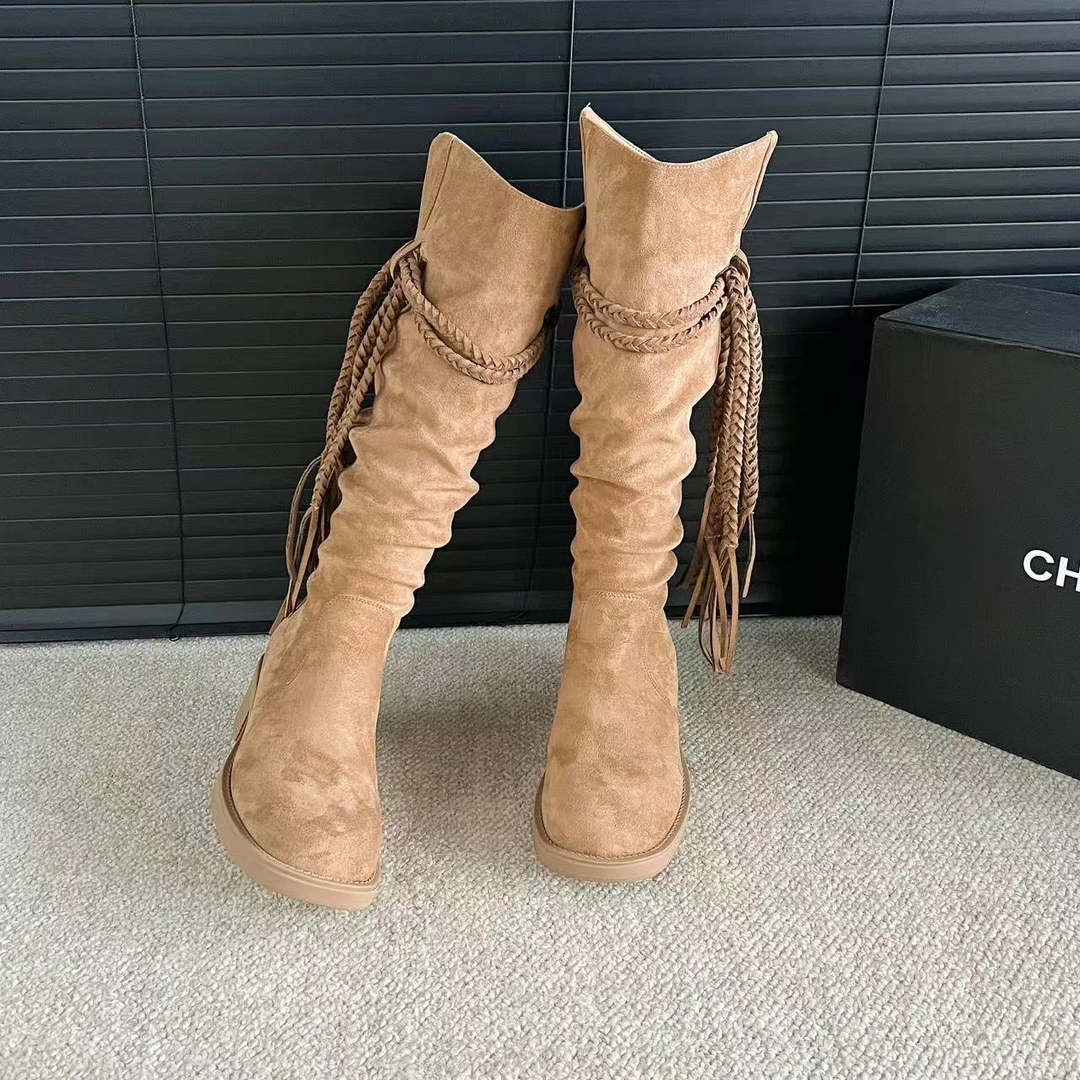 【芳芳私人定制】废土风流苏编织带粗跟堆堆中筒靴女