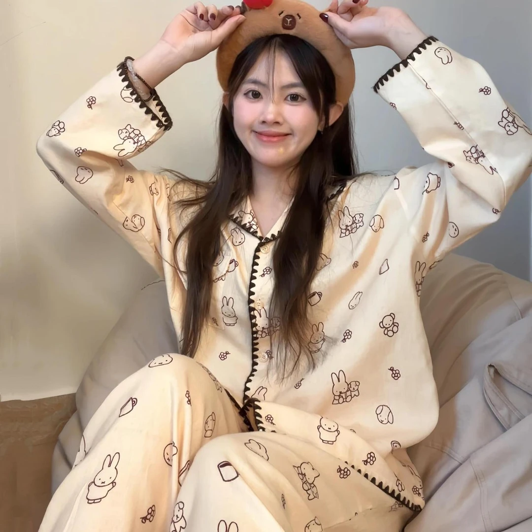 侘町2025新款春秋米菲信封口袋纯棉磨毛长袖睡衣女可外穿家居服