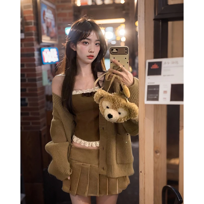 W胖颖专属大码春季新款气质毛衣开衫+吊带+百褶裙三件套2833