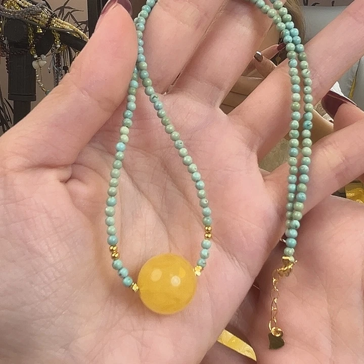 裸石琥珀未镶嵌绿松单珠锁骨链15mm