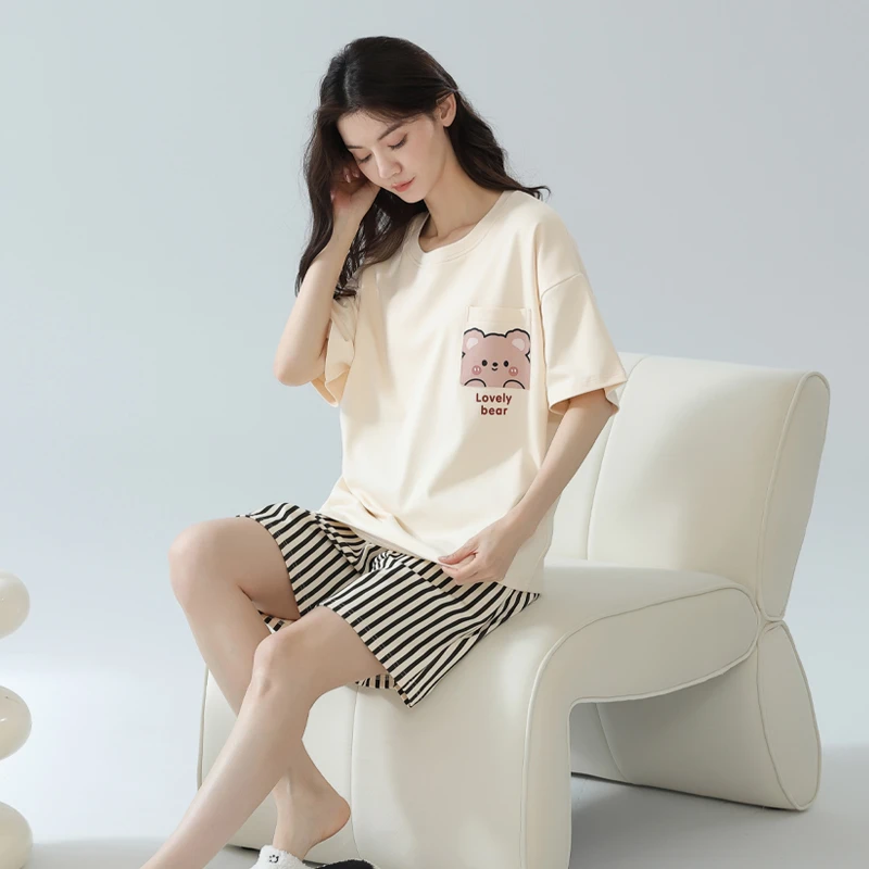 100%纯棉带胸垫夏季女士家居服睡衣卡通短袖短裤套头套装可外穿