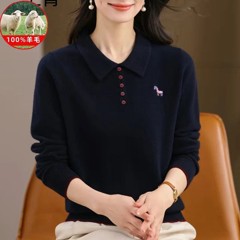 2025秋冬新款翻领时尚休闲针织100%纯羊毛针织翻领妈妈装羊毛衫