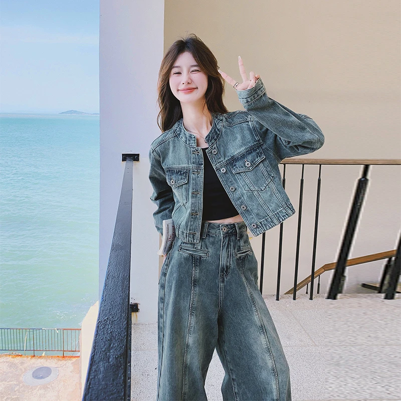 港风复古牛仔套装女春季2025新款高级感夹克外套阔腿拖地裤两件套