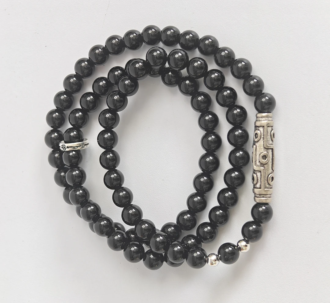 中式叠戴系列精致黑玛瑙复古手链中性风双层缠绕串珠手串