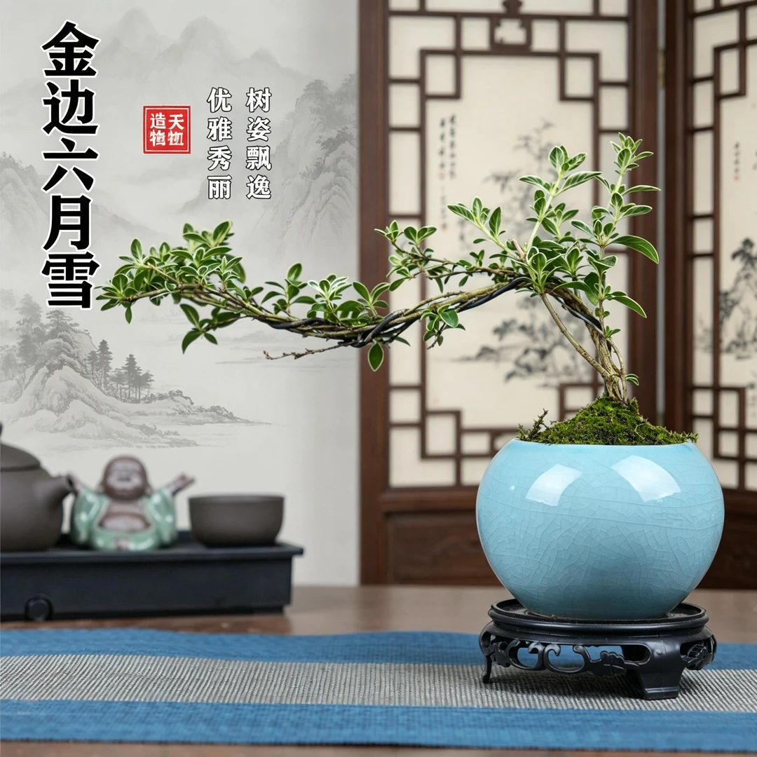 金边六月雪盆景办公室绿植陶瓷常青中式意境造型茶室室内悬崖飘枝