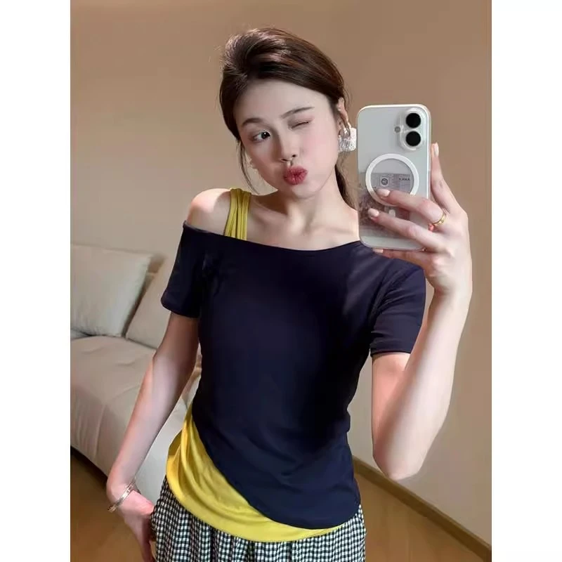 纯棉欧货露肩假两件撞色拼接短袖T恤女夏季2025新款小众上衣ins潮