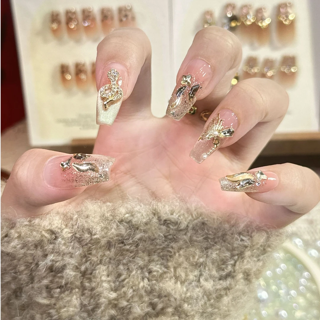 【金蛇来财】新年战甲纯手工光疗穿戴甲成品重复使用美甲贴片可拆卸