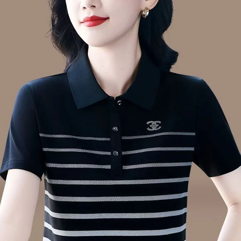 2025新款上新t恤夏季条纹撞色Polo领短袖T恤女修身显瘦妈妈装上衣