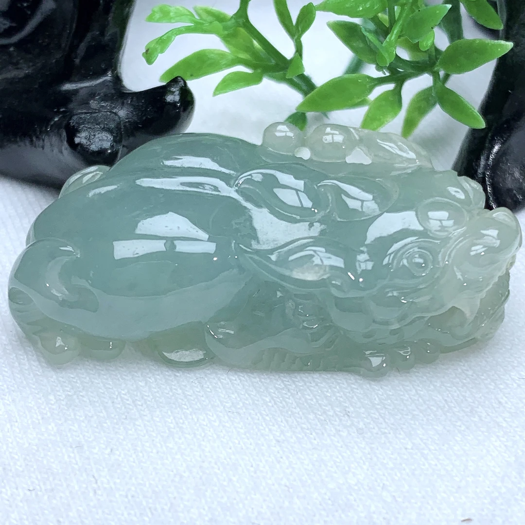 天然缅甸翡翠A货冰润满色蓝绿色口含珠貔貅吊坠44.5−22.8−12.5mm