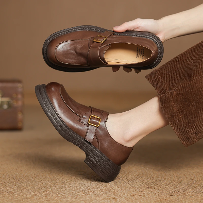 单鞋女2025年新款真皮厚底学院风百搭乐福鞋中跟粗跟英伦小皮鞋女