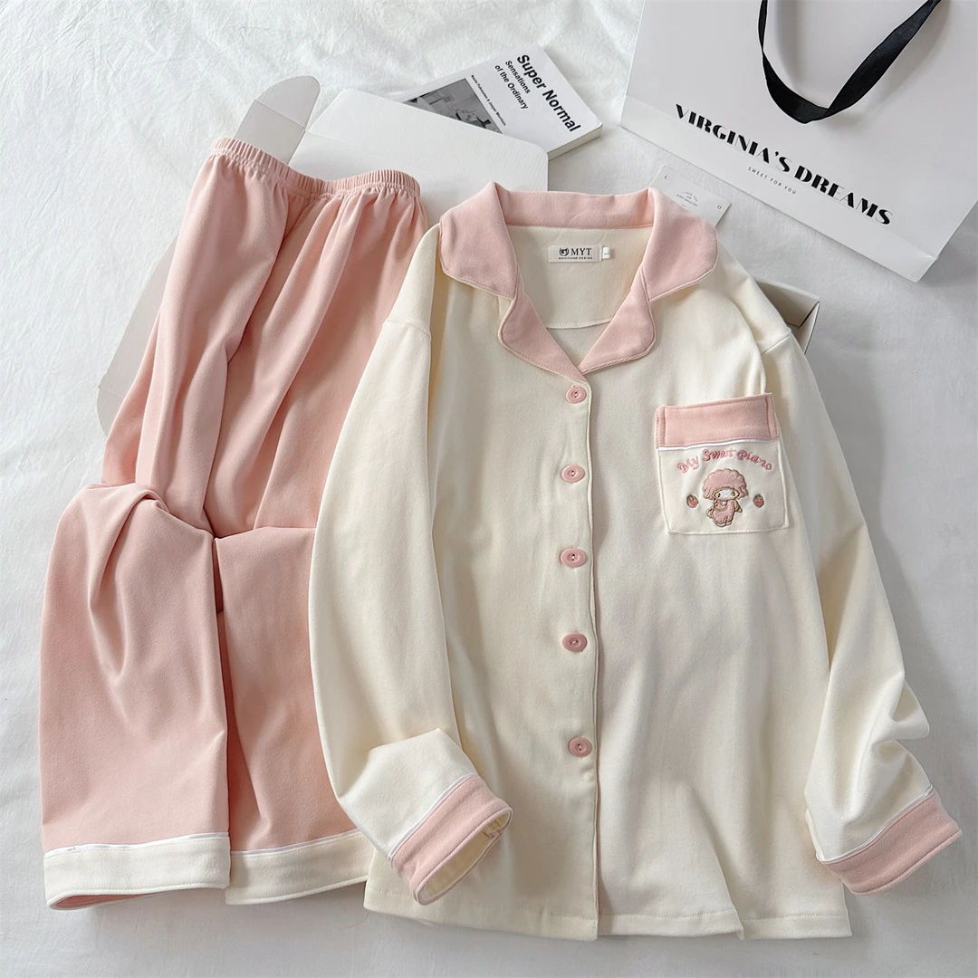 睡衣女秋冬季新款加厚280克德绒纯色撞色简约卡通刺绣家居服