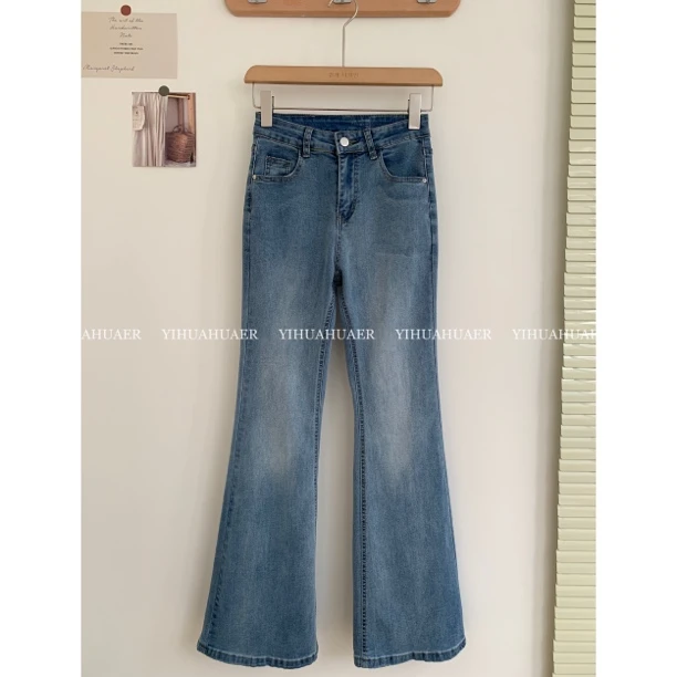 B-2213 东大门韩版春季新款简约时尚高腰显瘦微喇潮流牛仔裤