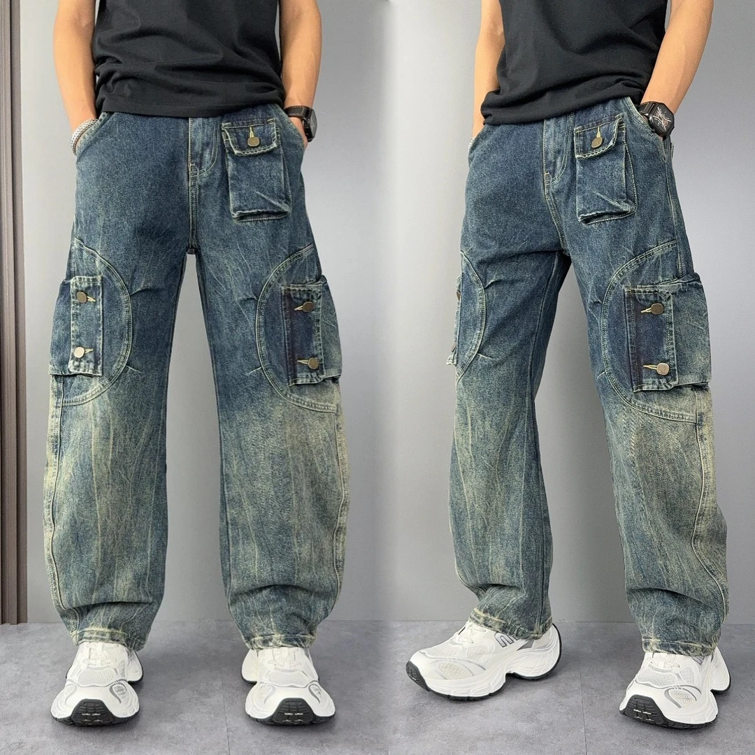 秋冬新款牛仔裤男士宽松直筒哈伦工装裤潮牌百搭美式阔腿休闲长裤