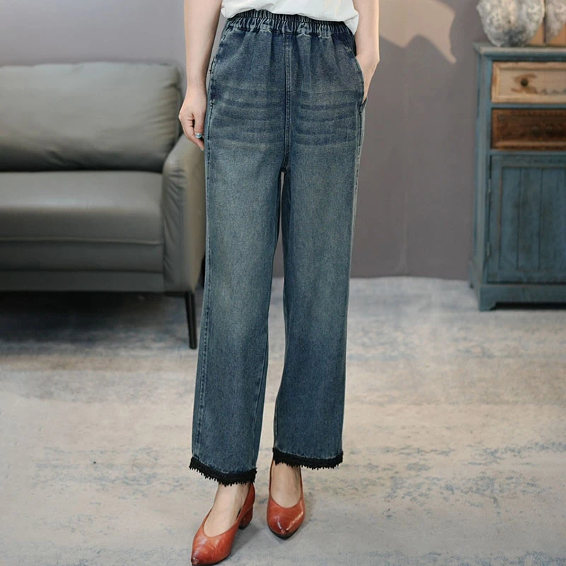 CK8032蓝色2025秋季新品牛仔裤女士直筒裤文艺复古高腰松紧腰显瘦