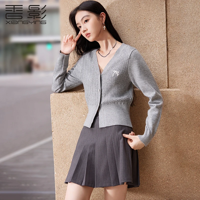 Z843029毛针织衫 香影学院风针织开衫女春秋新款格雷