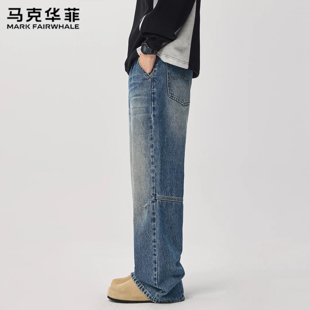 马克华菲潮牌新款直筒牛仔裤男春秋季水洗拼接复古休闲无弹长裤子