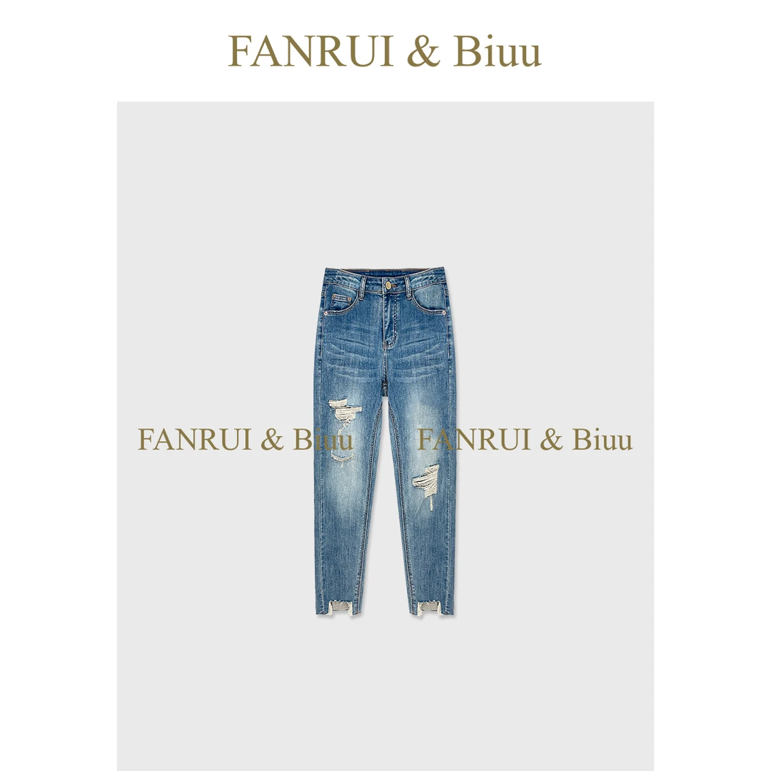 FANRUI/泛芮「风蚀」水洗棉磨毛破洞高腰复古显瘦烟管小脚裤B16765