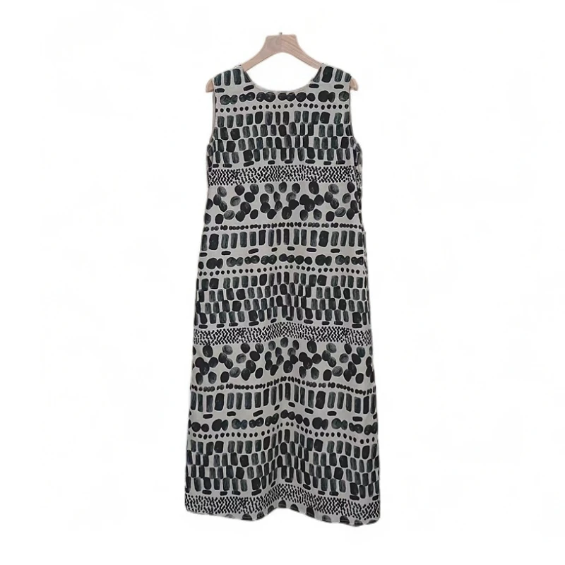 【M珈】莱赛尔亚麻混纺几何印花无袖老钱风气质无袖连衣裙无袖长裙