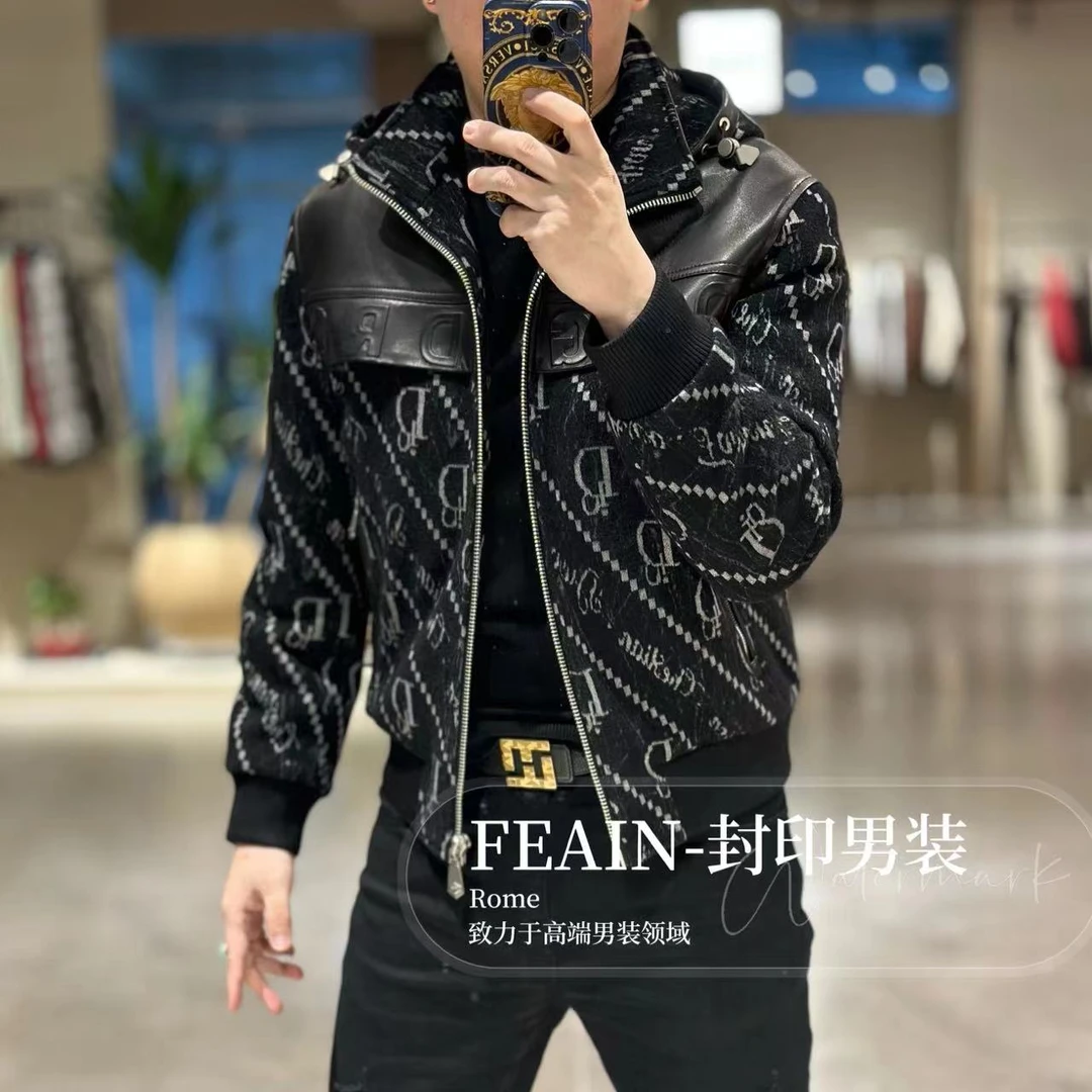 【乔治·雷迪尼】高端定制羊毛混纺真皮拼接帽可拆卸羽绒服257188