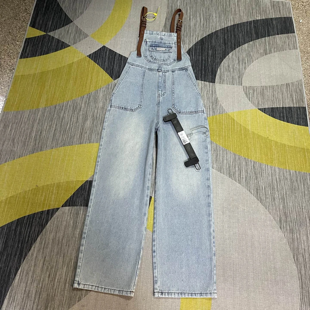 C6-7660 蓝色加长款美式超酷拼接条纹直筒背带裤 无弹（不退换）