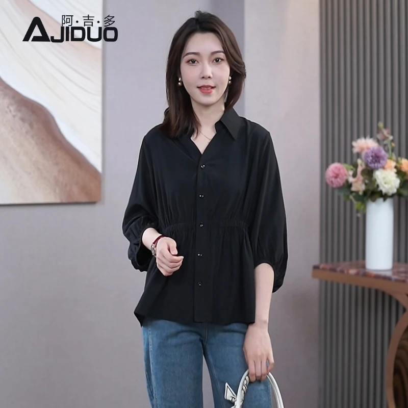 阿吉多A65655七分袖黑色衬衫女春季新款大码高级衬衣通勤气质上衣