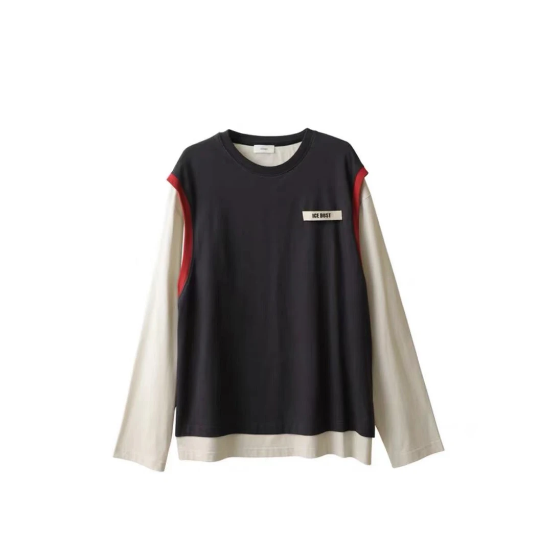 ICE DUST 25SS春夏新款撞色背心假两件长袖T恤通勤外穿上衣