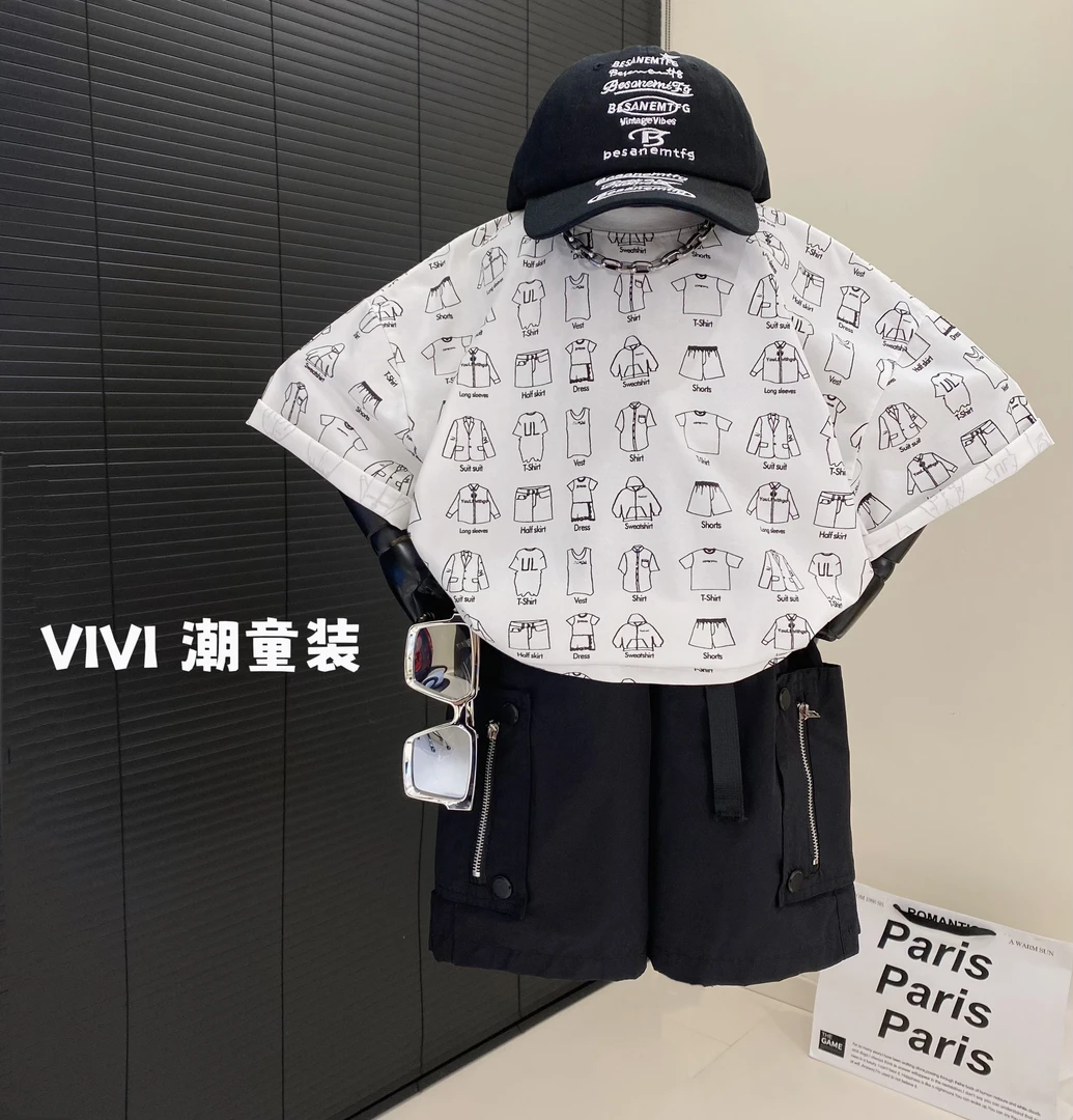 VIVI童装 2025夏款潮流中大童白色印花时尚洋气短袖T恤