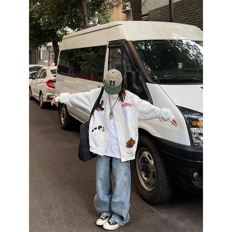 帅气时尚洋气可爱卡通小狗毛巾绣开衫卫衣女韩系慵懒风宽松bf外套