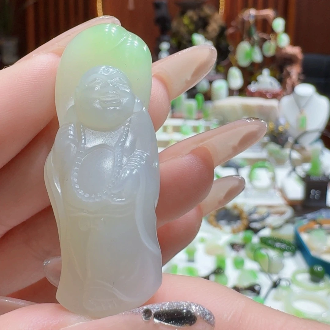 和田玉翠青冰底三色弥勒佛未镶嵌
