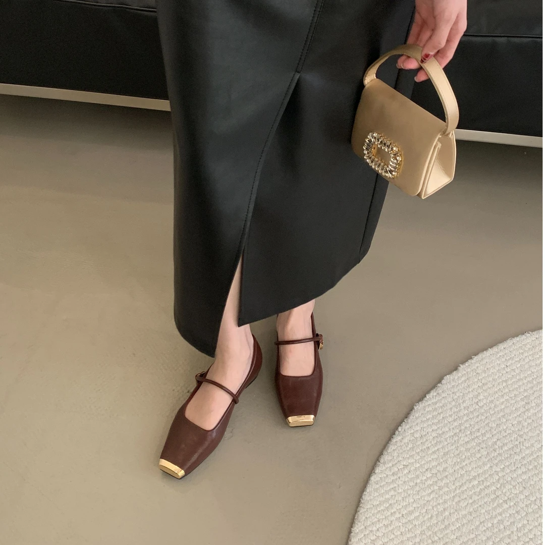 JHS-8688-49法式小香风玛丽珍单2025年春方头平底一字扣晚晚船鞋