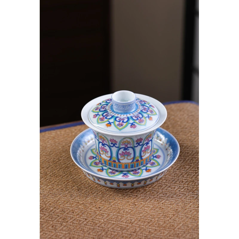 （越记窑）泥谷堂宝莲花斗彩三才盖碗