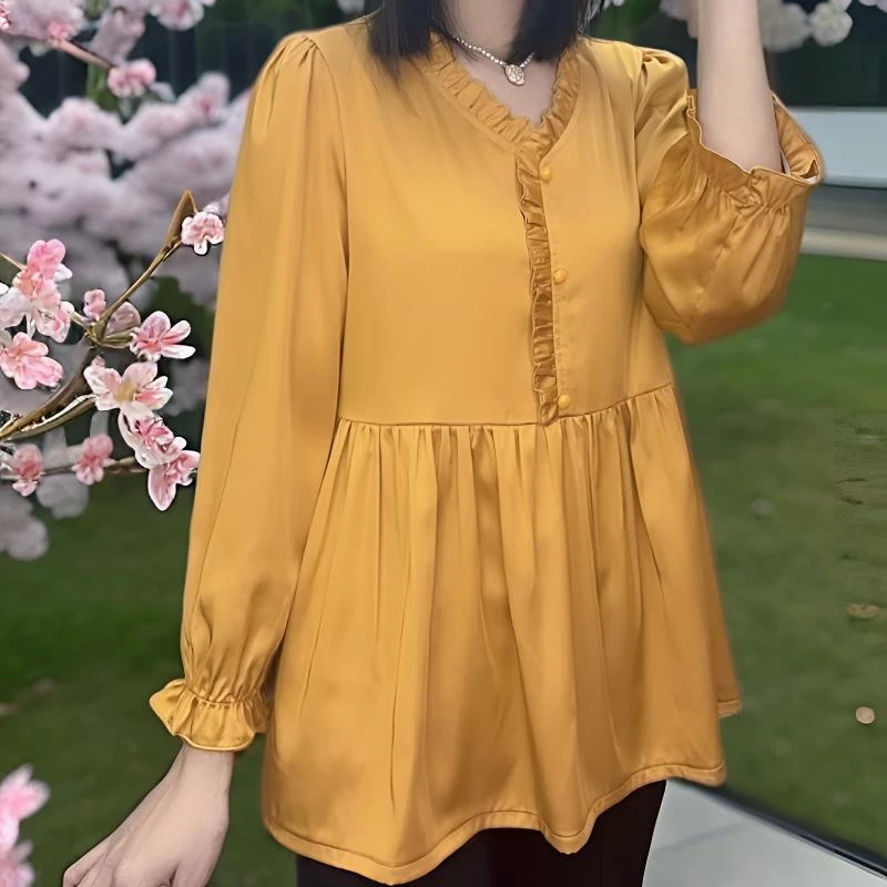 268春秋韩版荷叶领洋气时尚长袖V领大码女装