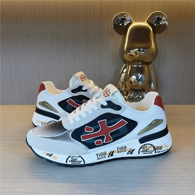 欧洲站男士2025春夏新款男鞋真皮拼接米字鞋休闲百搭户外运动鞋子