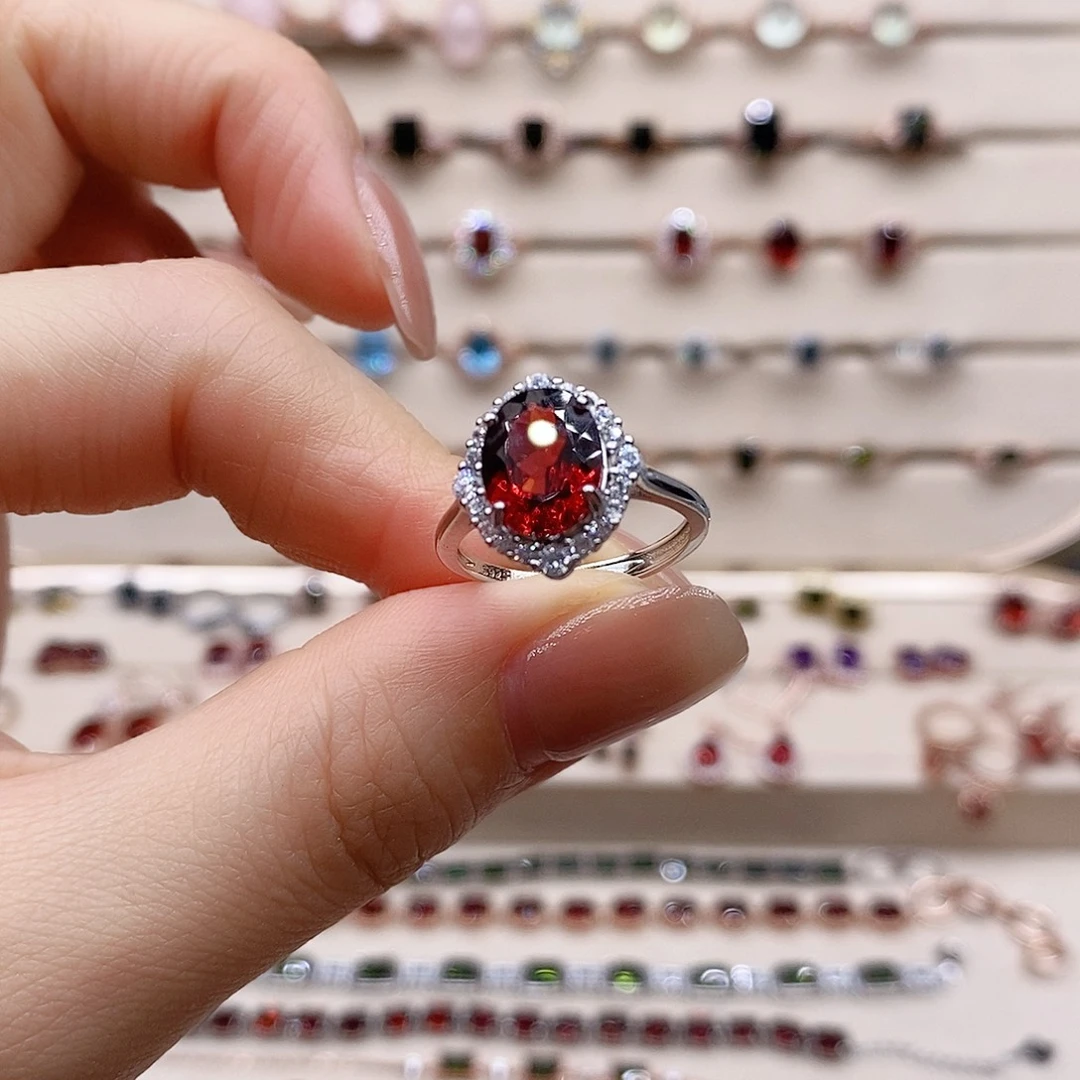 石榴石戒指银S925镶嵌戒指