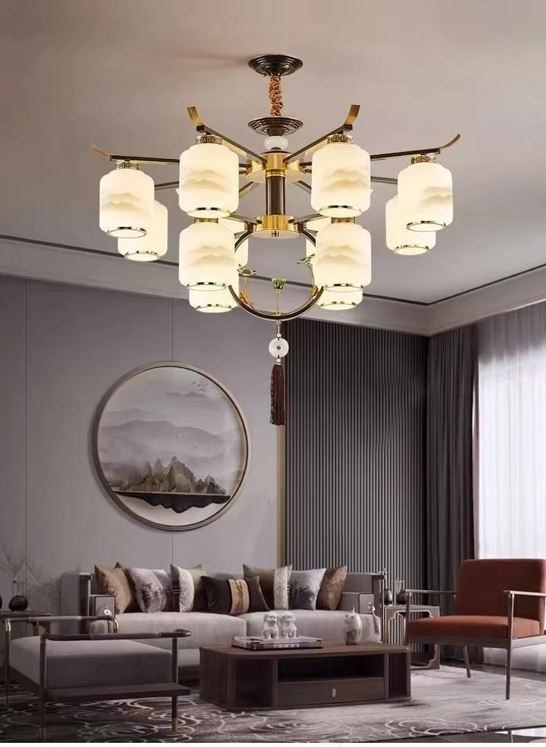 轩如新中式双鱼复古铜加木吊灯