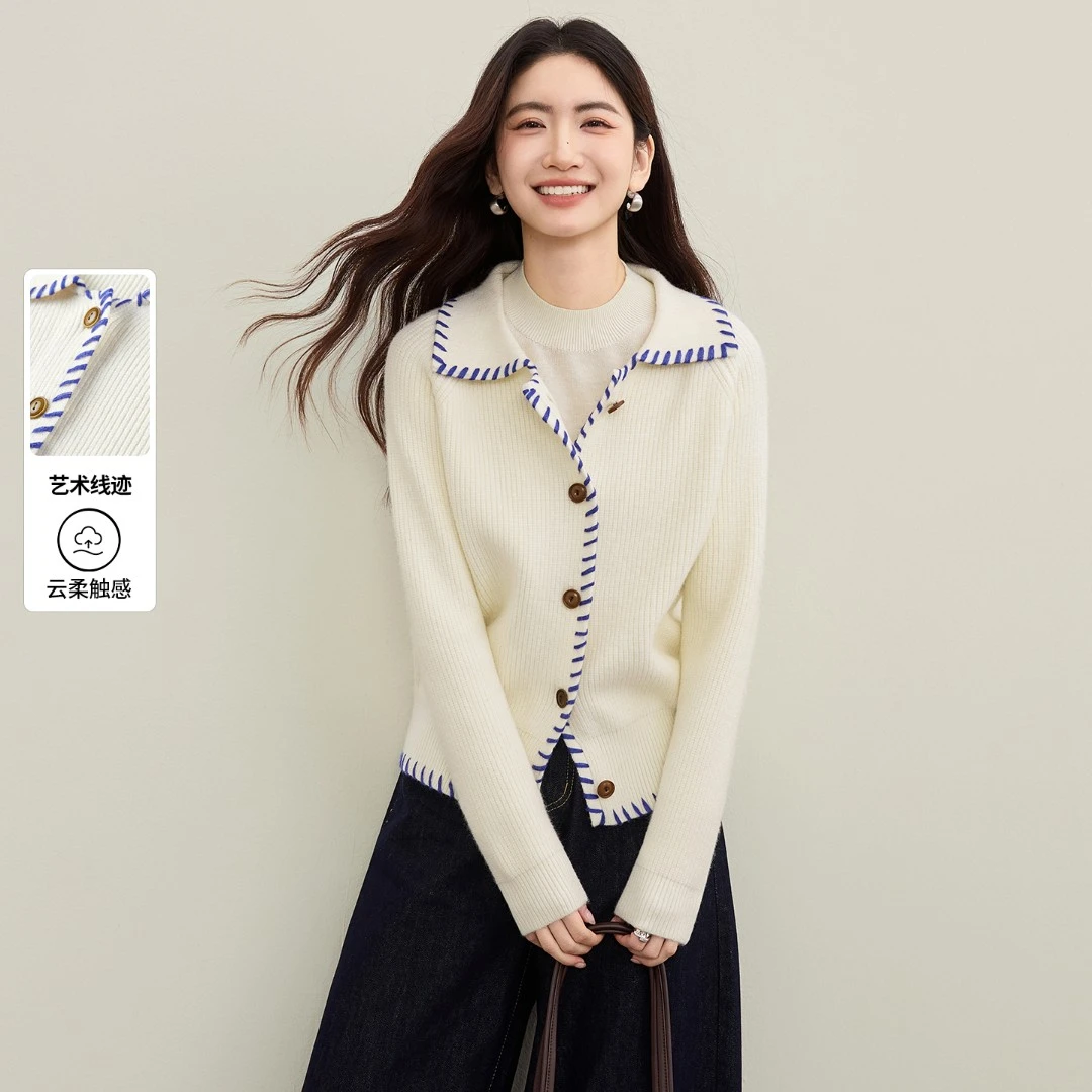尚都比拉【艺术线迹】撞色线单排扣翻领显瘦安迪绒开衫毛衣B3377