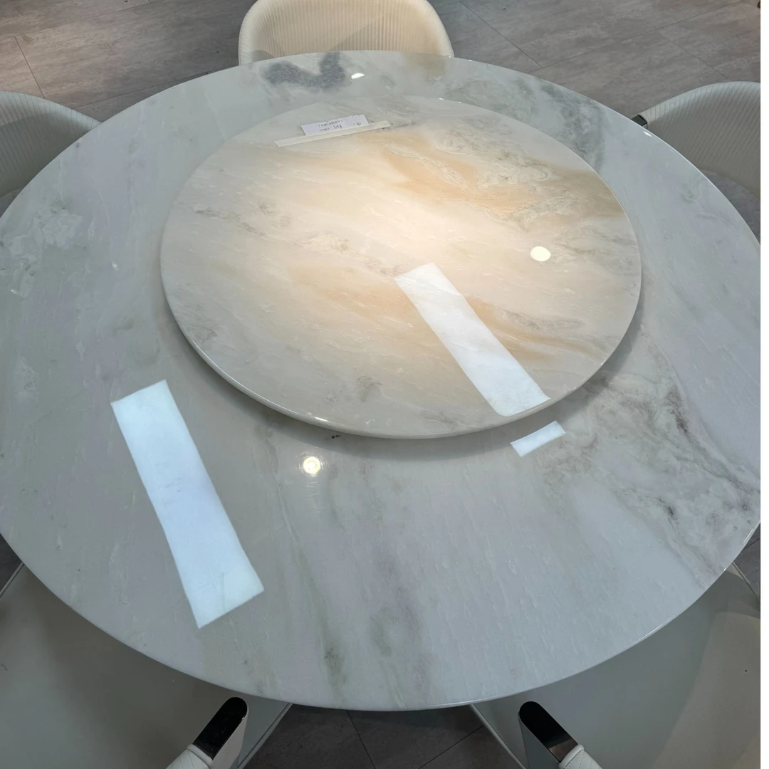 威尼斯白大理石圆桌不锈钢简约大小户型饭桌别墅家用奢石餐桌餐椅