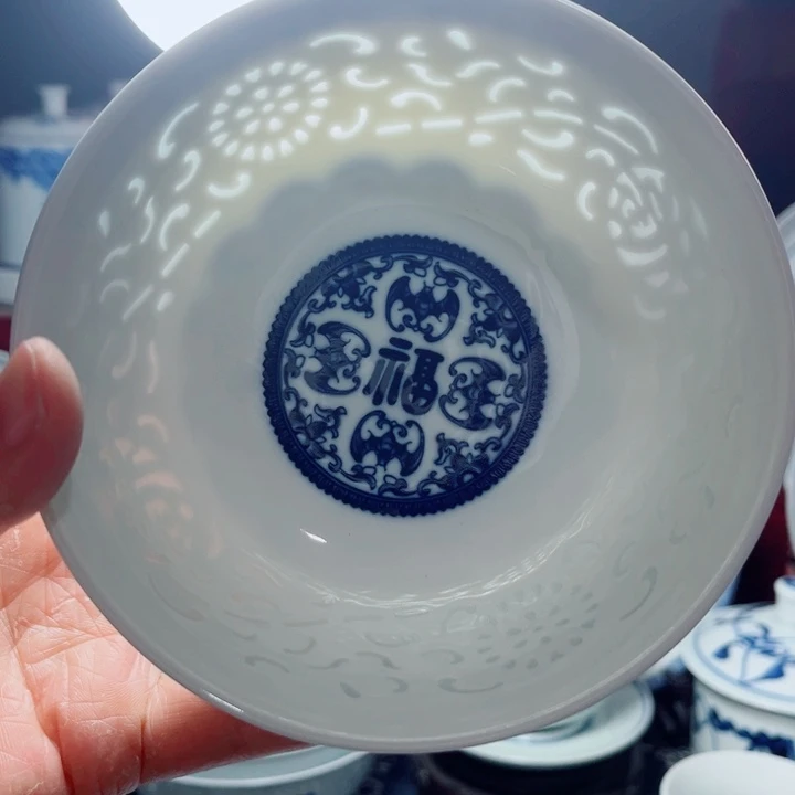 青花玲珑5寸饭碗满雕满福