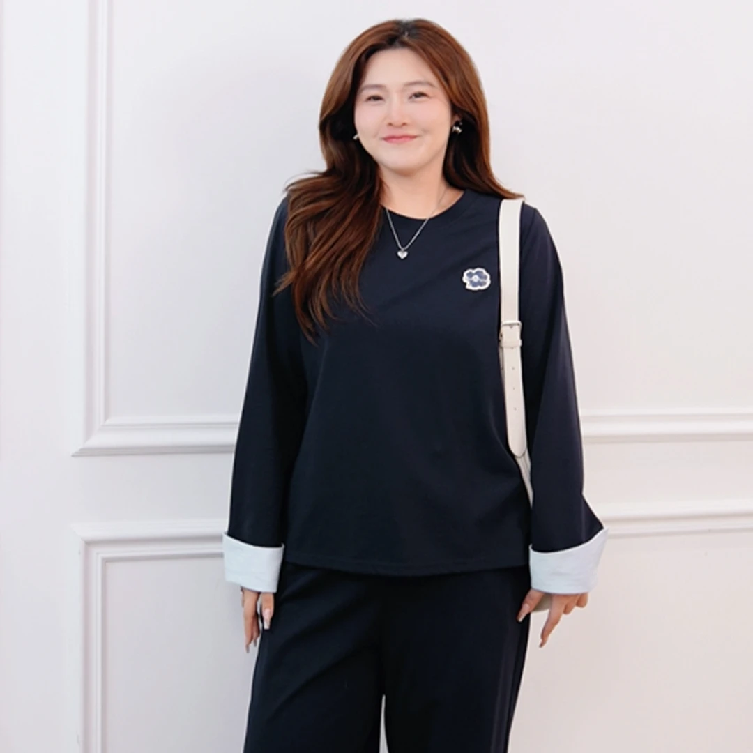 MsShe大码女装2025秋装休闲拼接花朵皮标卫衣阔腿裤套装QG502027