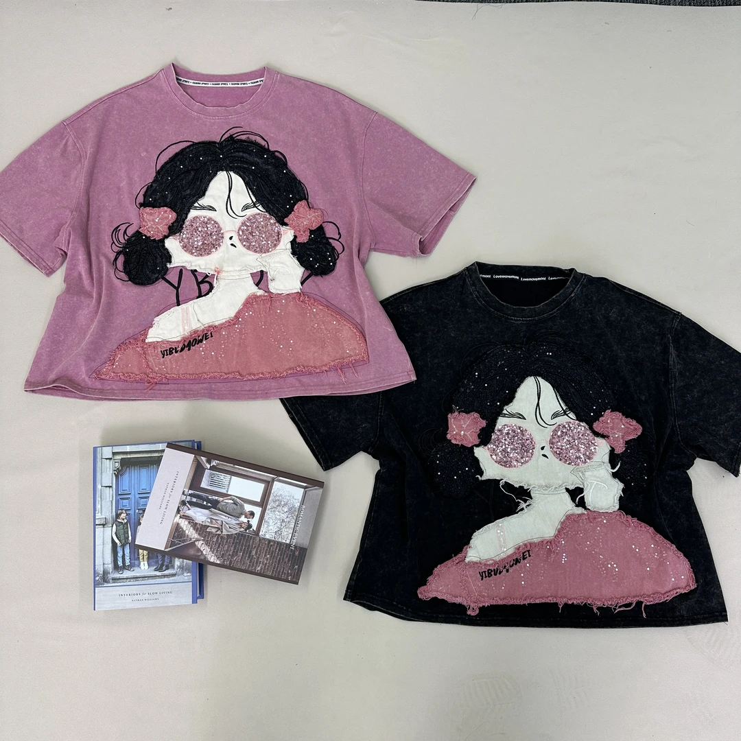 2025夏季新款双丸子头女孩短袖T恤 152