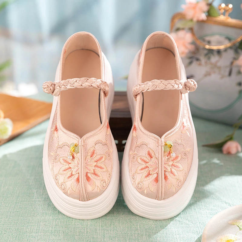 防水台绣花鞋女厚底中跟一字带布鞋厚底复古浅口夏季布鞋