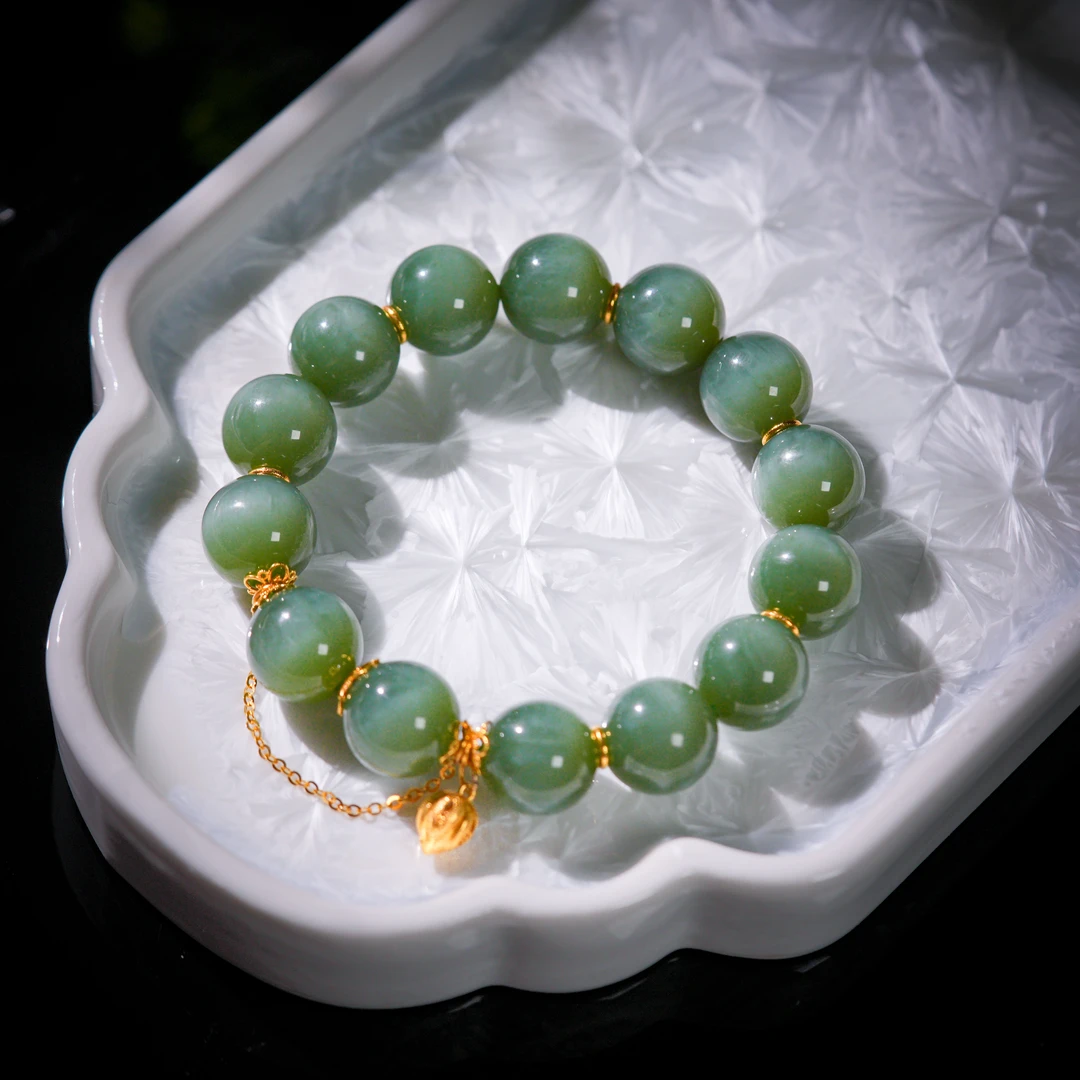 【诗蓉】春羽·传世级和田玉冰闪猫眼18K金手串AS1547珠径约13mm