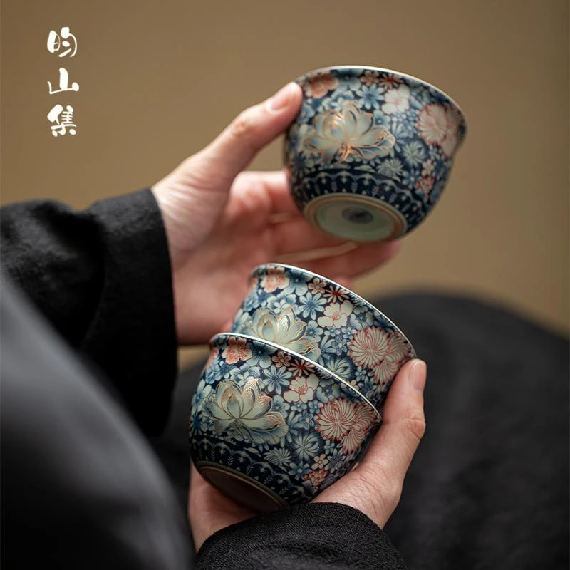 复古汝窑青花繁花茶具缸杯主人杯开片可养陶瓷家用单个喝茶品茗杯