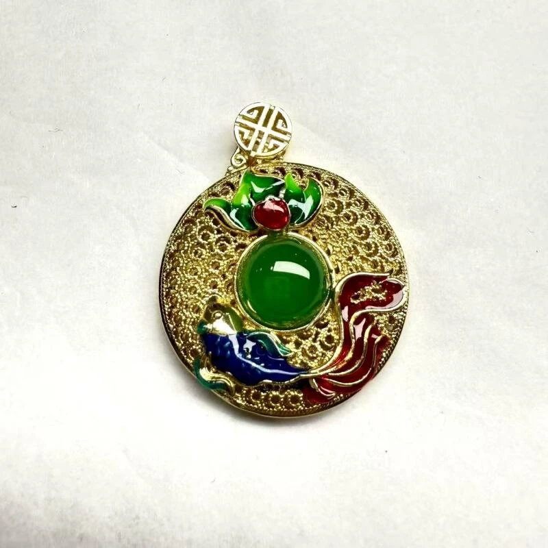 F23-天然  高端  大气   -时尚  玉髓  绿荷花金鱼吊坠-赠链