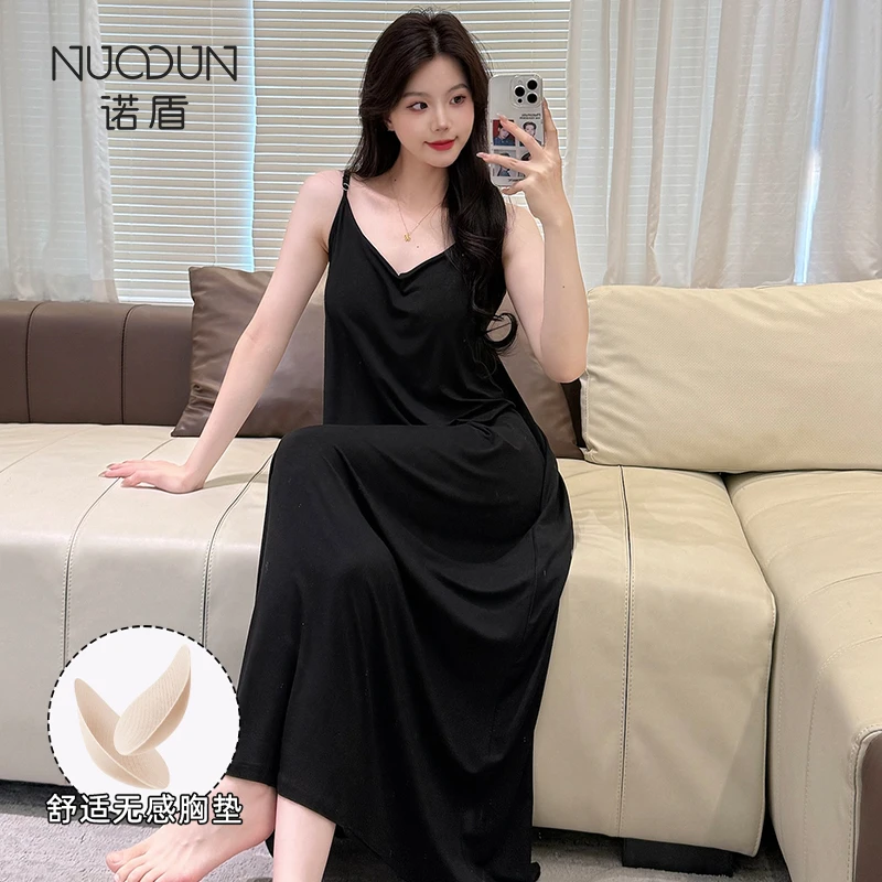 Nuodun/诺盾吊带睡裙女士夏季莫代尔透气凉感薄款自带胸垫家居服