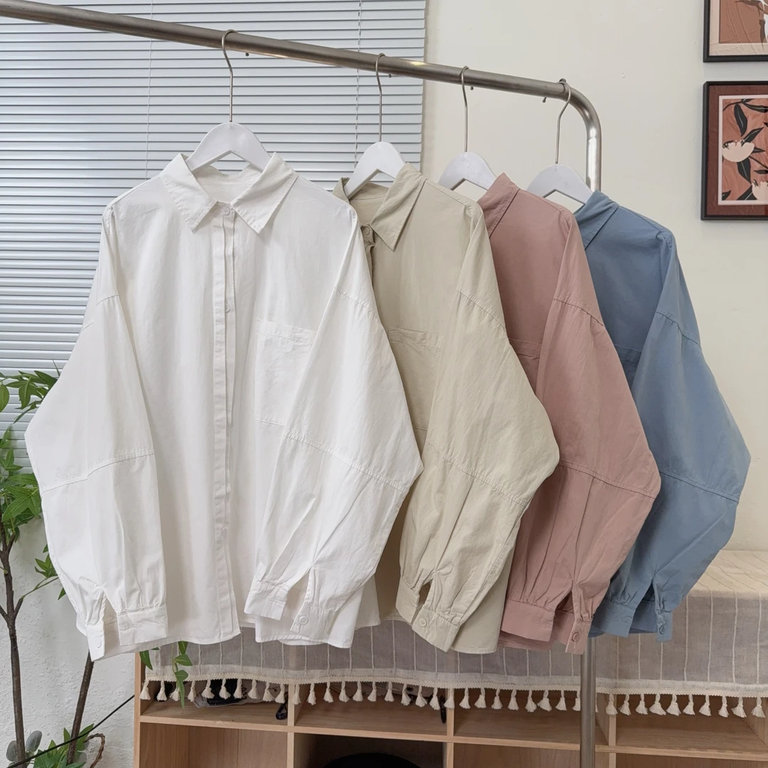 新款百搭衬衣简约休闲纯色长袖衬衫慵懒风宽松衬衫