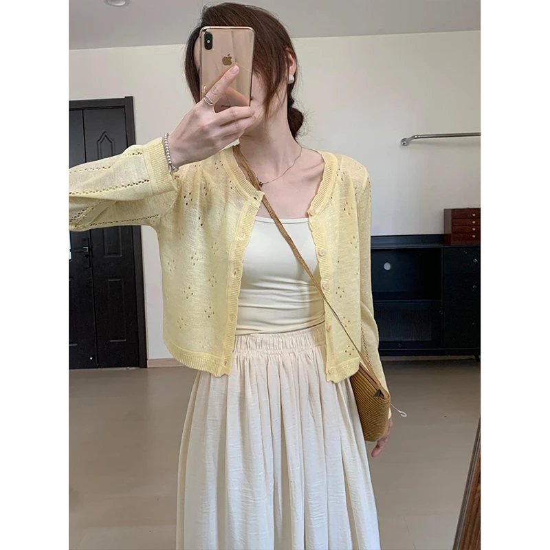 黄色镂空冰丝针织防晒开衫薄款外套女夏季配吊带裙子外搭罩衫上衣